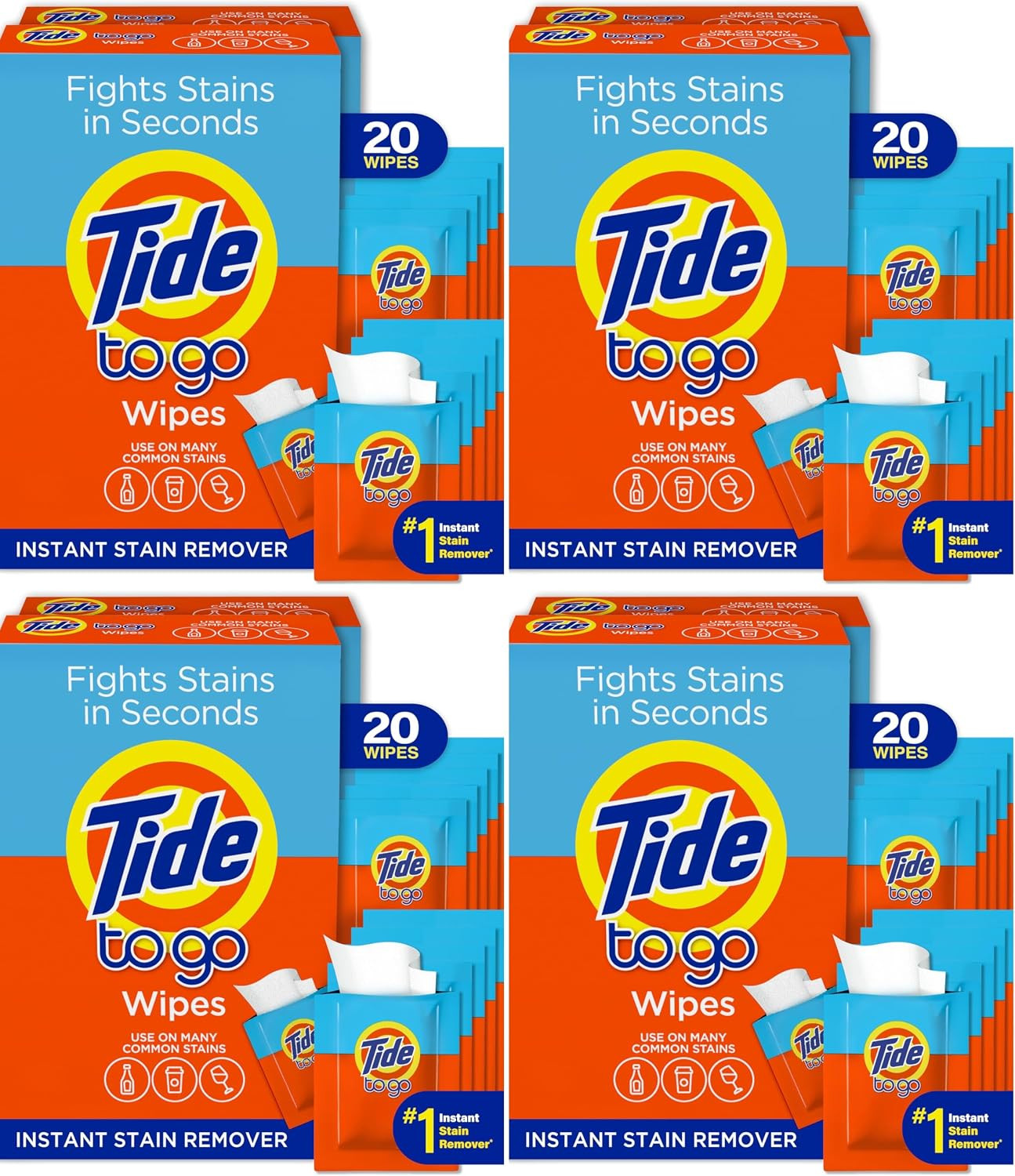 Tide Stain Remover for Clothes, Tide To Go Wipes, Instant Stain Remover for Clothes, Travel & Pocket Size, 20 Count (Pack of 4) | Amazon (US)