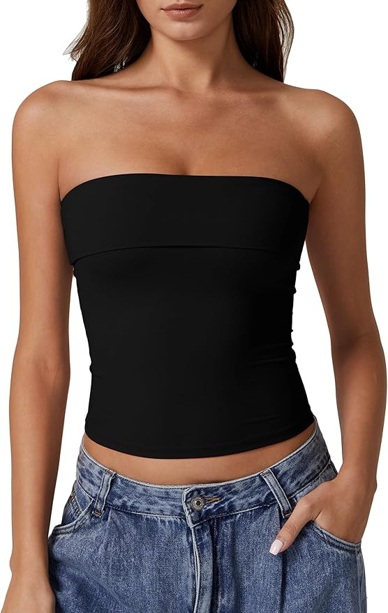 QINSEN Women's Tube Tops Strapless Bandeau Tops Double Lined Slim Fit Summer Going Out Tank Tops | Amazon (US)