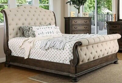 1pc Queen Size Bed Rustic Tone finish bedframe Fabric Wood veneer Button Tufted   | eBay | eBay US
