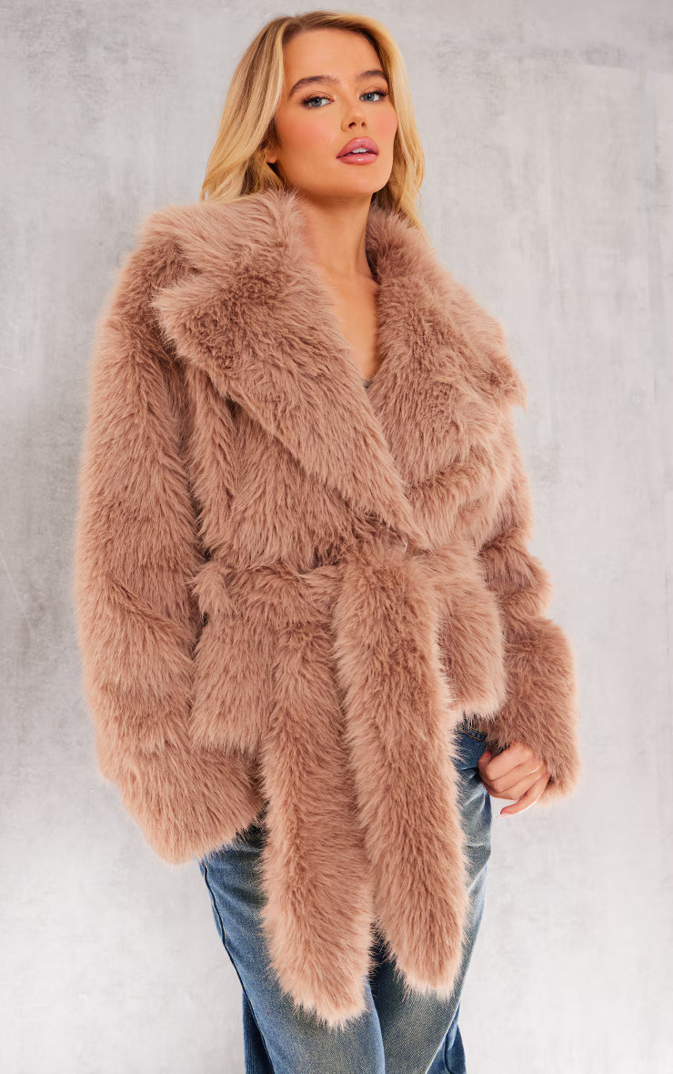 Light Brown Belted Faux Fur Cropped Coat | PrettyLittleThing US