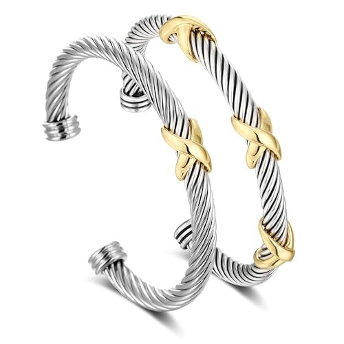 2 Pcs Cuff Bracelet for Women Cable Wire Bracelet - Stainless Steel Two Tone Twisted Bangle - Sil... | Amazon (US)