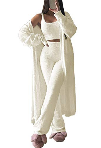 Fixmatti Women Lounge Set 3 Piece Outfits Fuzzy Fleece Crop Tops and Pants Open Front Cardigan Pajama Set White M | Amazon (US)