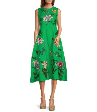 Fanm Mon Gloriosa Floral Embroidered Linen Sleeveless Belted A-Line Midi Dress | Dillard's | Dillard's