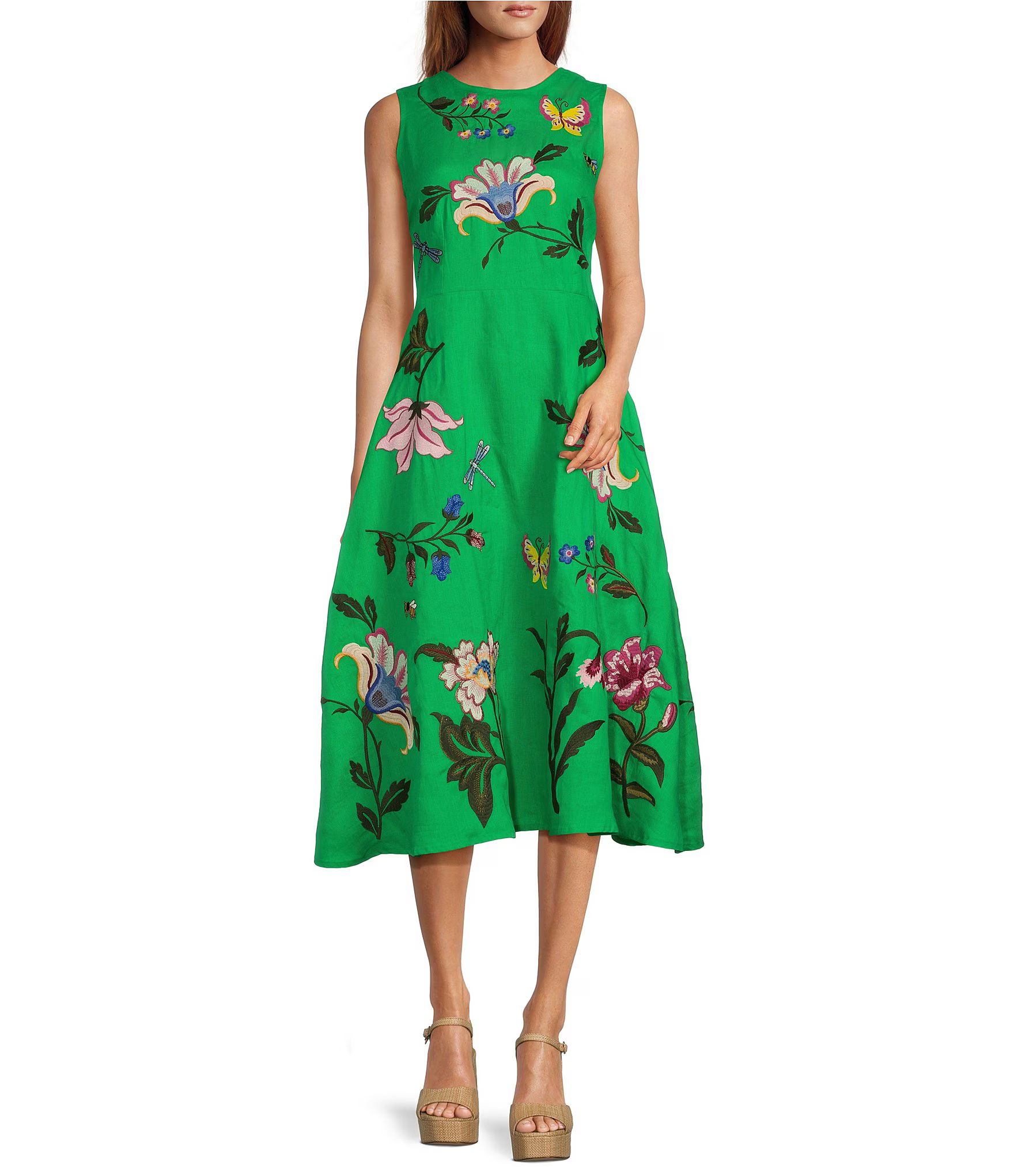 Gloriosa Floral Embroidered Linen Sleeveless Belted A-Line Midi Dress | Dillard's