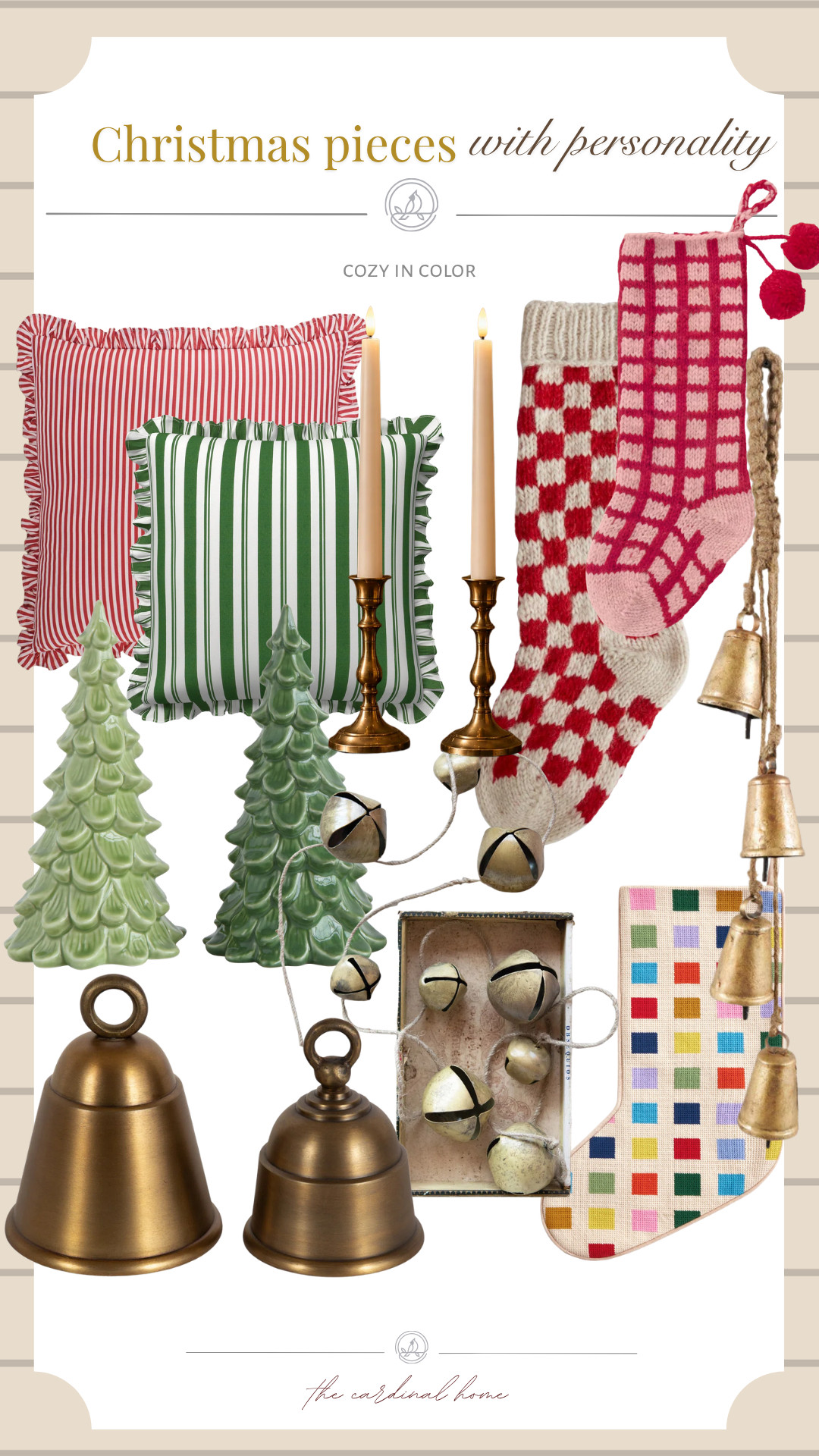Christmas decor, Holiday decor, Traditional Christmas decor, Cozy Christmas decor, Christmas home decor, Christmas pillows, Striped pillows, Ruffle pillows, Christmas stockings, Knit stockings, Ceramic Christmas trees, Brass candlesticks, Brass bells, Christmas bells, Holiday accents, Colorful Christmas decor, Red and green Christmas decor, Vintage inspired Christmas, Collected Christmas decor, Classic Christmas decor, Cozy holiday home, Christmas mantel decor, Holiday styling, Christmas decorating ideas, Christmas finds 

 #LTKstorytime #LTKSeasonal #LTKSaleAlert