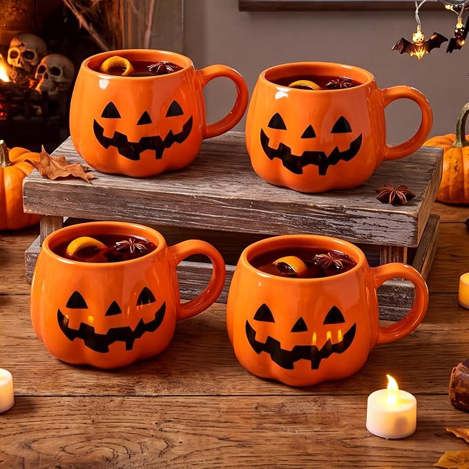 Potchen 4 Pack 12 oz Halloween Pumpkin Coffee Mug Ceramic Pumpkin Cup with Jack O Lantern Face Sp... | Amazon (US)