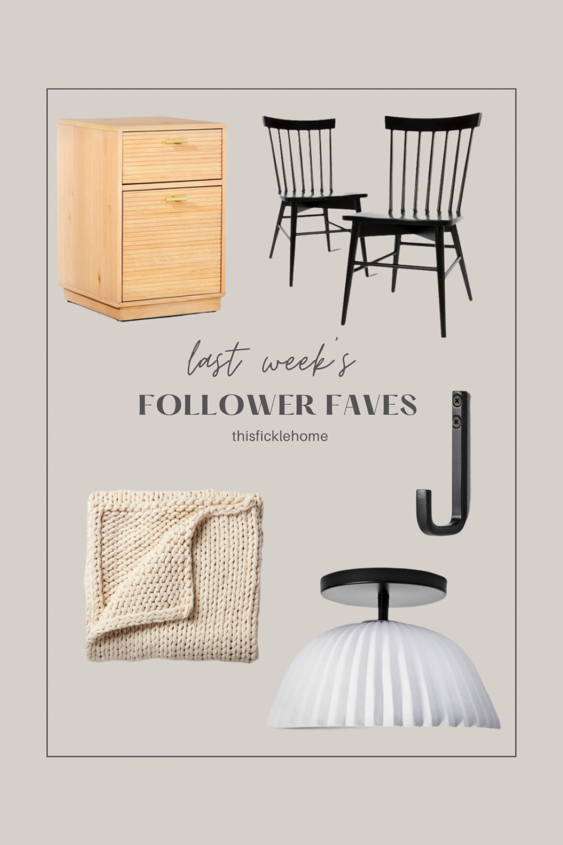 Black dining chairs, grooved wood 2-door filing cabinet, chunky knit blanket for fall, towel hook, semi flush mount scalloped ceiling light.

#LTKhome #LTKsalealert