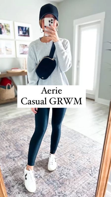Aerie cyber sale. Thanksgiving outfit. Casual outfit. Mom outfit. Aerie ribbed shine leggings (XXS, so good you guys!!). Aerie crewneck sweatshirt (XXS). Amazon black baseball hat. Lululemon Sherpa belt bag (linking Amazon version, too). Veja Esplar sneakers (whole size only, size down if you are a half size). Tory Burch hoop earrings (great gift!!). Amazon claw clips. 

*Wearing color Stardust in lipstick and Malibu in lipgloss. 

#LTKHoliday #LTKCyberweek #LTKshoecrush