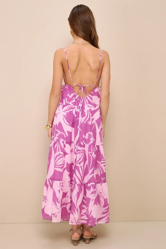 Island Attitude Pink Tropical Floral Tiered Backless Maxi Dress | Lulus