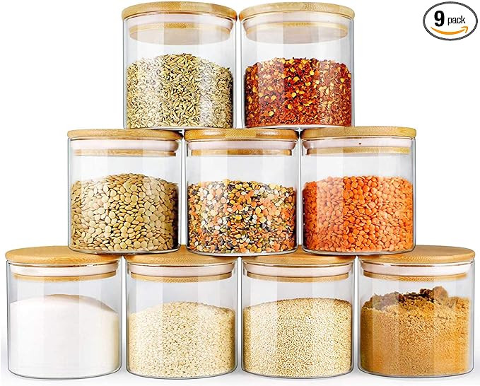 Glass Jars with Bamboo Lids (16oz in 9 Pack), Food Jars and Canisters Sets with lids, Food Storag... | Amazon (US)