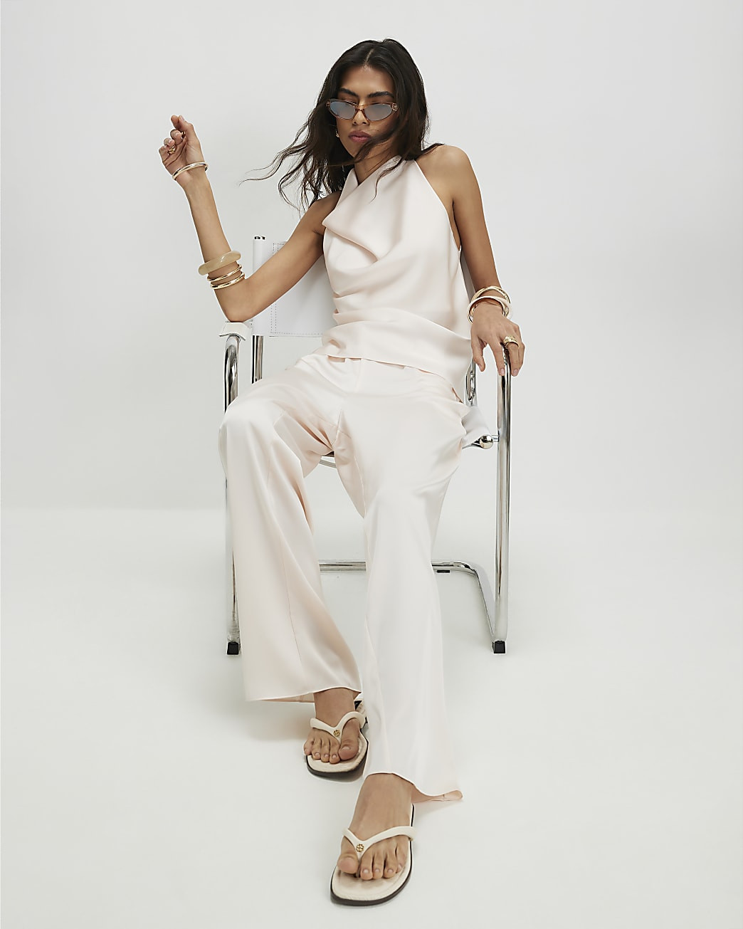 Cream Satin Drawstring Trousers | River Island UK & IE