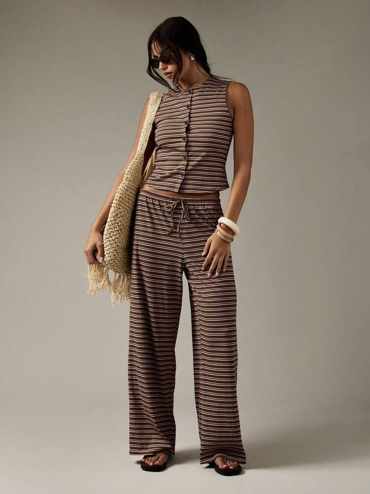 MISSGUIDED Two Piece Casual Button Through Crop Top And Wide Leg Pants Set Striped Pattern Loungewear Co Ord Summer Beach Vacation Resort Wear Boho Style | SHEIN