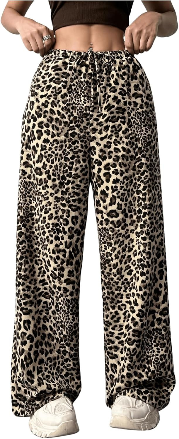 Floerns Women's Drawstring Waist Leopard Print Trousers Tie Front Wide Leg Pants | Amazon (US)