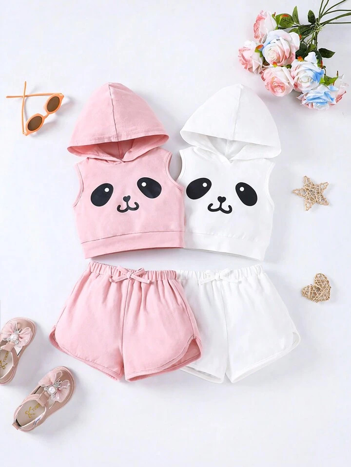 SHEIN Baby Girl Cute Cartoon Pattern Sleeveless Hoodie And Shorts 4pcs/Set | SHEIN