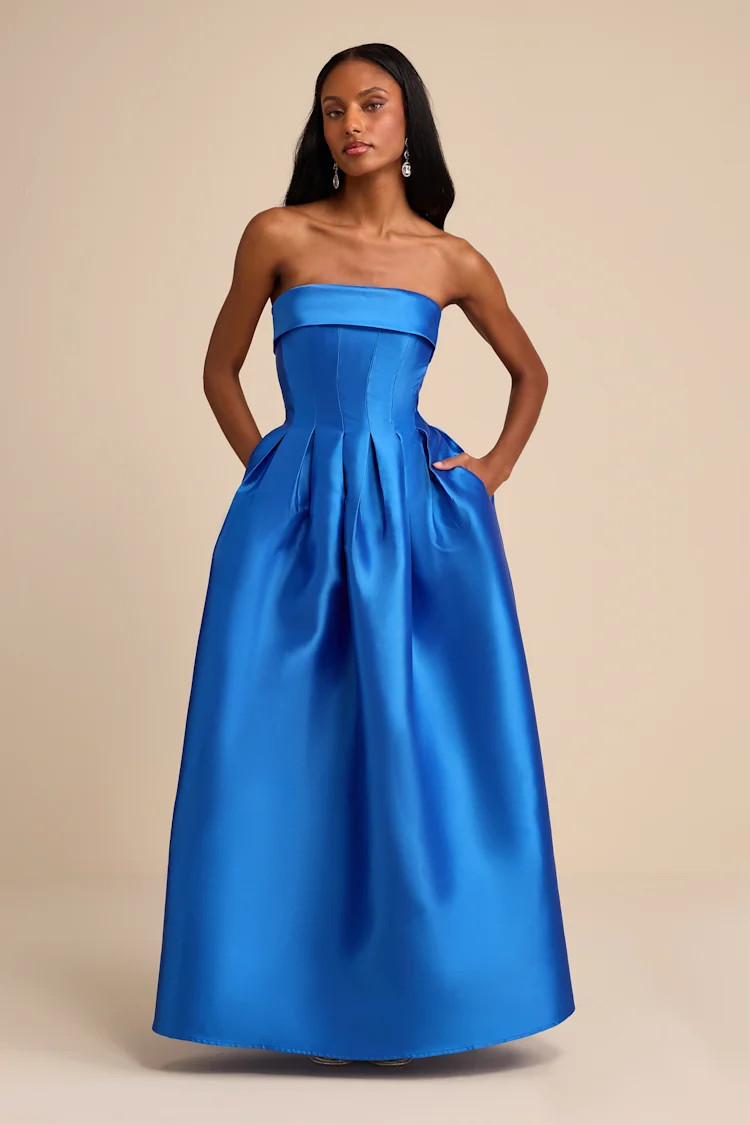 Novalie Blue Taffeta Pleated Strapless A-Line Maxi Dress | Lulus