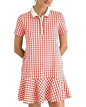 LTSCNRM Women's Gingham Polo Dress Short Sleeve V Neck Ruffle Hem Mini Dress Plaid Golf Tennis Ca... | Amazon (US)