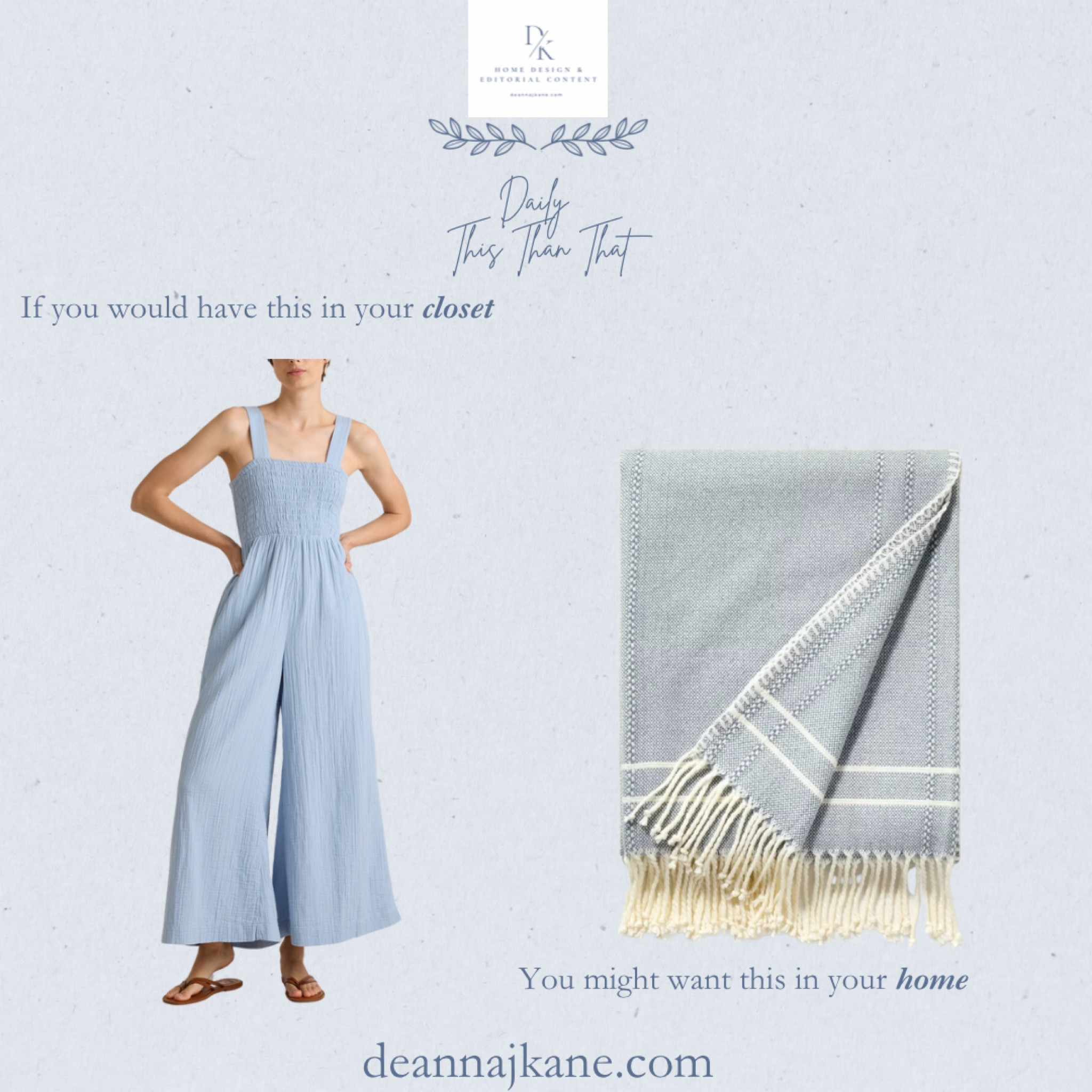 If you would wear this wide leg jumpsuit, you might want this blue & white throw blanket in your home  