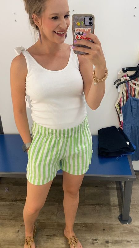 Old navy outfit idea!! Tie strap bodysuit paired with striped linen shorts!! 