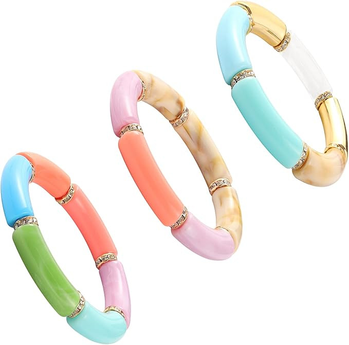 Bamboo Tube Bracelet Chunky Bangle Gold Stacking Bangles Acrylic Clear Stretchable Colorful Beads... | Amazon (US)