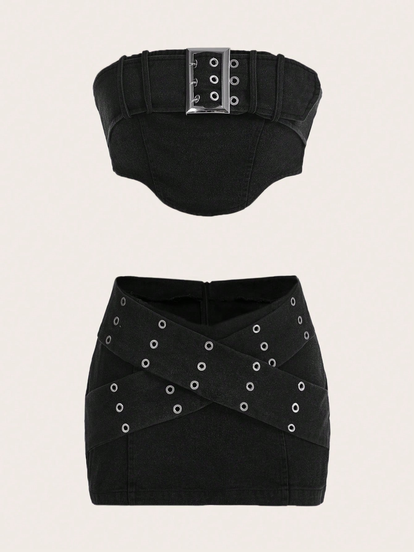 SHEIN ICON Solid Buckle Front Tube Top & Grommet Eyelet Detail Skirt | SHEIN