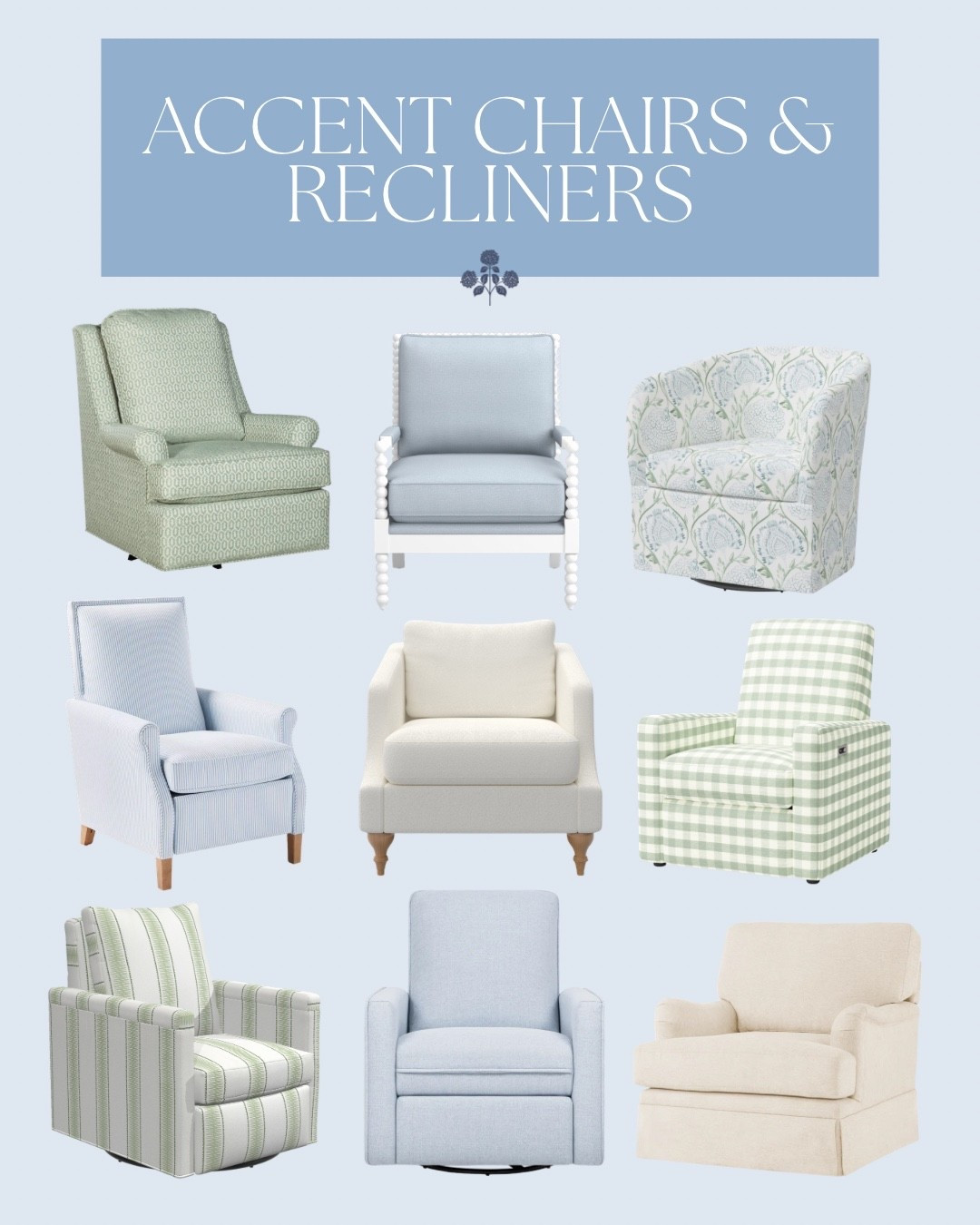 Favorite accent chairs & recliners! 

Coastal furniture, Grandmillennial furniture, Grandmillennial decor, living room furniture, recliner, blue recliner, cute recliner, classic coastal 

#LTKHome