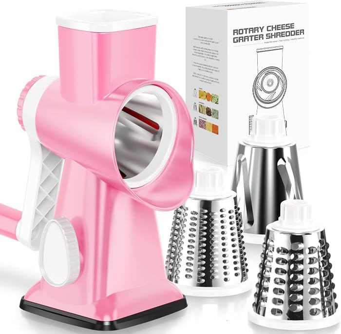 Rotary Cheese Grater Hand Crank Pink - Shredder Slicer Grinder 3 Stainless Steel Blades, Stable Suction, Labor-Saving Handle, Safe Kitchen Tool for Cheese, Vegetable, Nuts, Chocolate | Amazon (US)