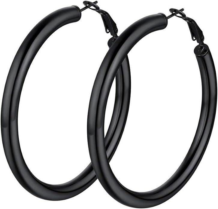 Stainless Steel Chunky Hoop Earrings For Women, Minimalist and Chic, Black/Gold Plated, Round Hoo... | Amazon (US)