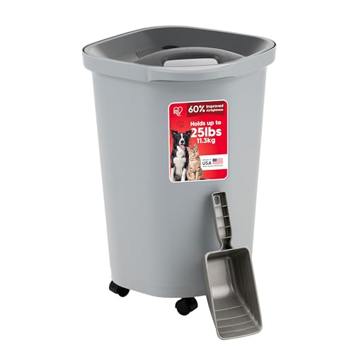 IRIS USA Pet Food Storage Container 25 lbs, Premium 60% Improved Airtight Seal with Air Valve, 2 Cup Scoop, Removable Wheels, Easy to Open - Made in the USA, Gray | Amazon (US)