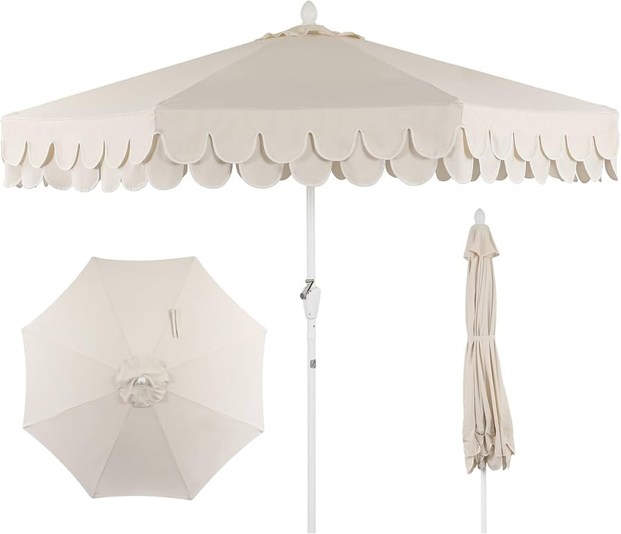 JONATHAN Y UMB1002C Tracy 9 ft. Classic MidCentury Scalloped Fringe Market Patio Umbrella with Au... | Amazon (US)