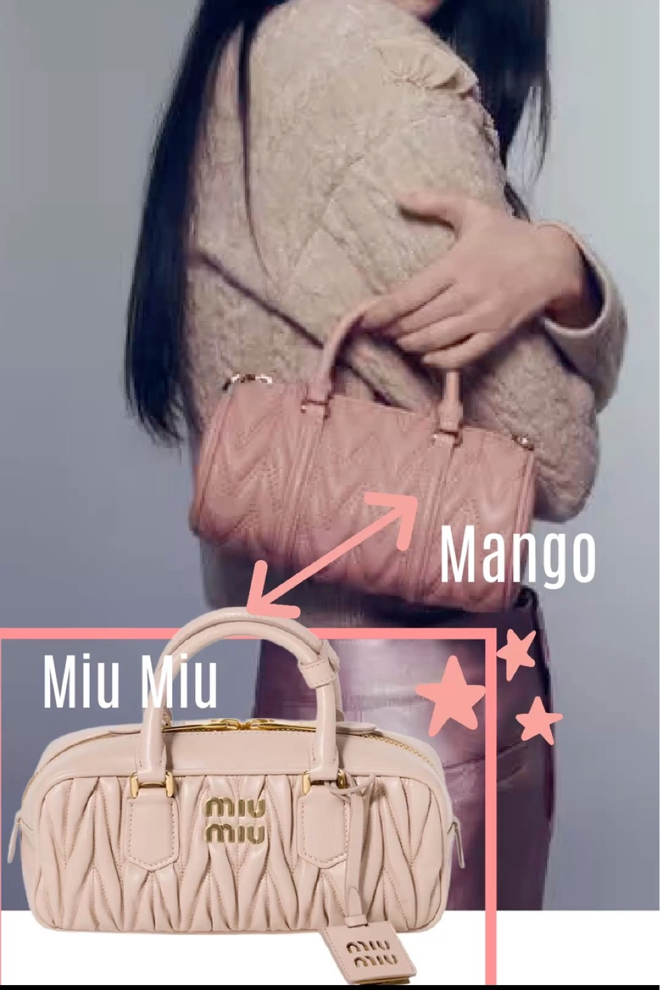 Luxury shopping: Miu Miu 
Budget shopping: Mango 

#LTKStyleTip #LTKItBag #LTKFindsUnder100