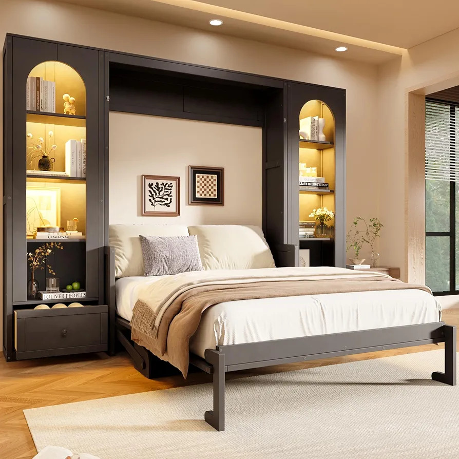 Merax Queen Size Murphy Platform Bed with Shelf, Side Cabinets, Drawers and LED, Gray | Amazon (US)