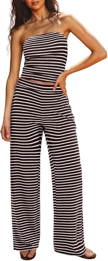 Two Piece Sets For Women Summer Outfits Lounge Sets Striped Tube Top And Pants Matching Sets Beac... | Amazon (US)