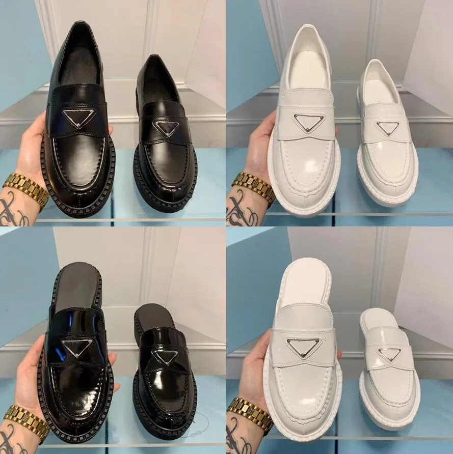Women Leather Shoes Loafers Square Heel Thick Bottom P Triangle Buckle Classics Brand Women's Cas... | DHGate