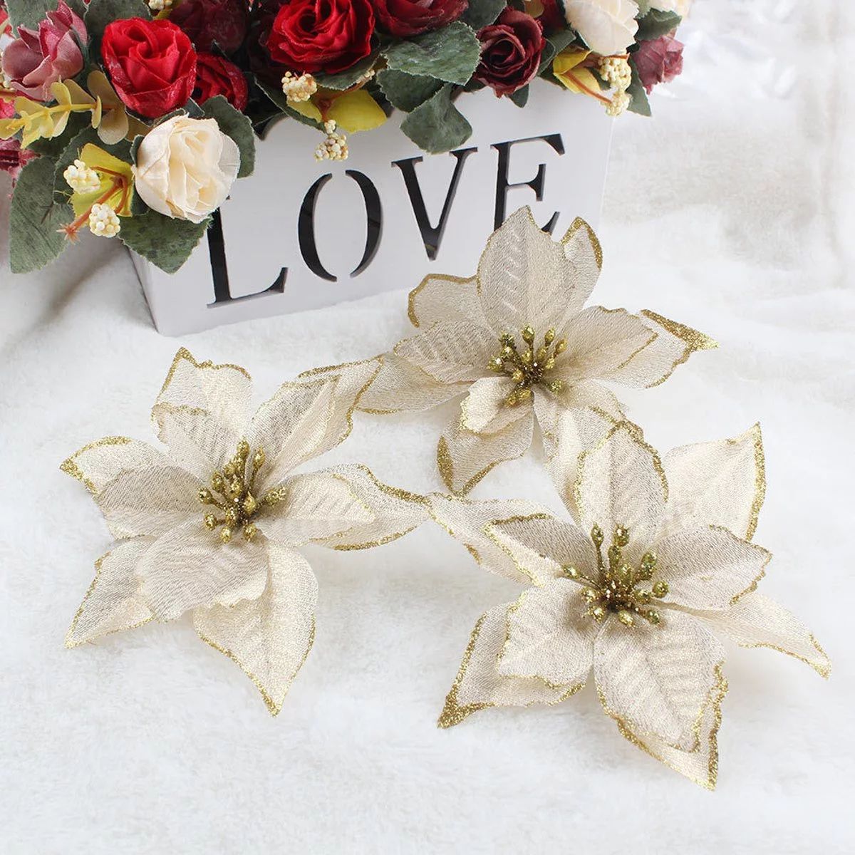 Moaere 10Pcs Glitter Christmas Flower Xmas Tree Ornaments Wedding Party Holiday Decor | Walmart (US)