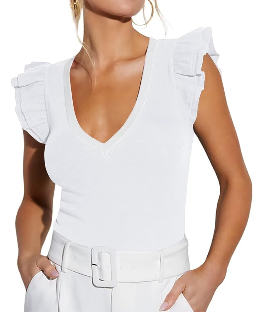 Ezbelle Women's Summer Sleeveless Tops V Neck Ruffle Shirts Ribbed Knit Tank Top Sexy Blouse Ladi... | Amazon (US)