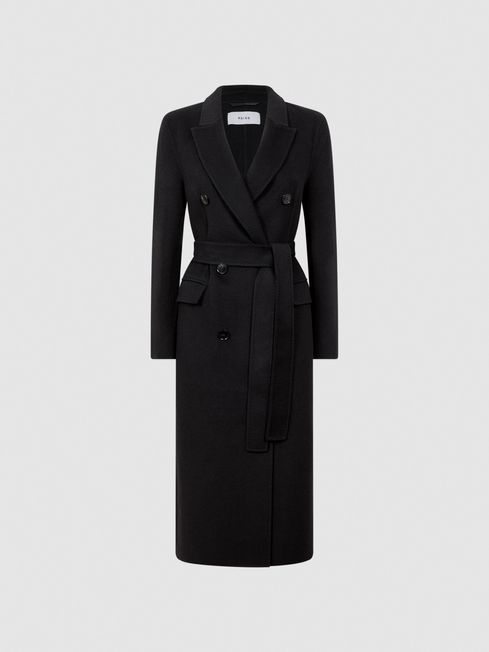 Reiss Black Arla Relaxed Wool Blend Blindseam Belted Coat | Reiss UK