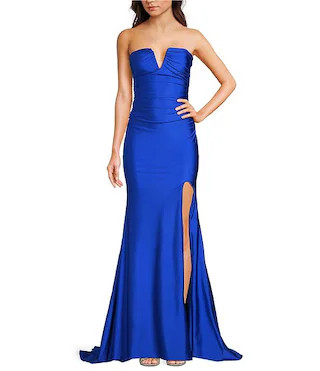 Strapless V-Neck Corseted Back Side Slit Dress | Dillard's