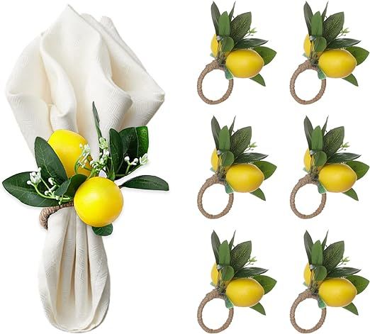 KWQBHW Lemon Napkin Rings Set of 6 Yellow Lemon Vine Leaf Napkin Holder Spring Summer Lemon Napki... | Amazon (US)