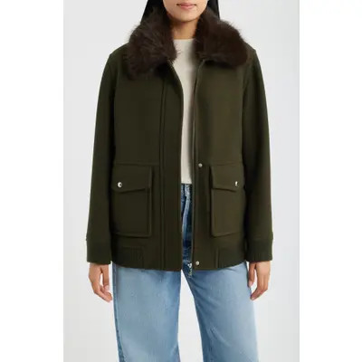 Sam Edelman Faux Fur Collar Relaxed Bomber Jacket in Loden at Nordstrom, Size X-Large | Nordstrom
