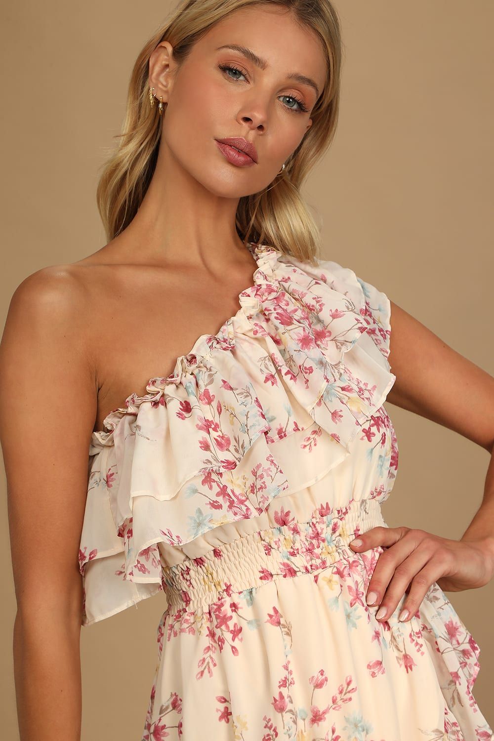 All Sweet Cream Floral Print Ruffled One-Shoulder Midi Dress | Lulus (US)