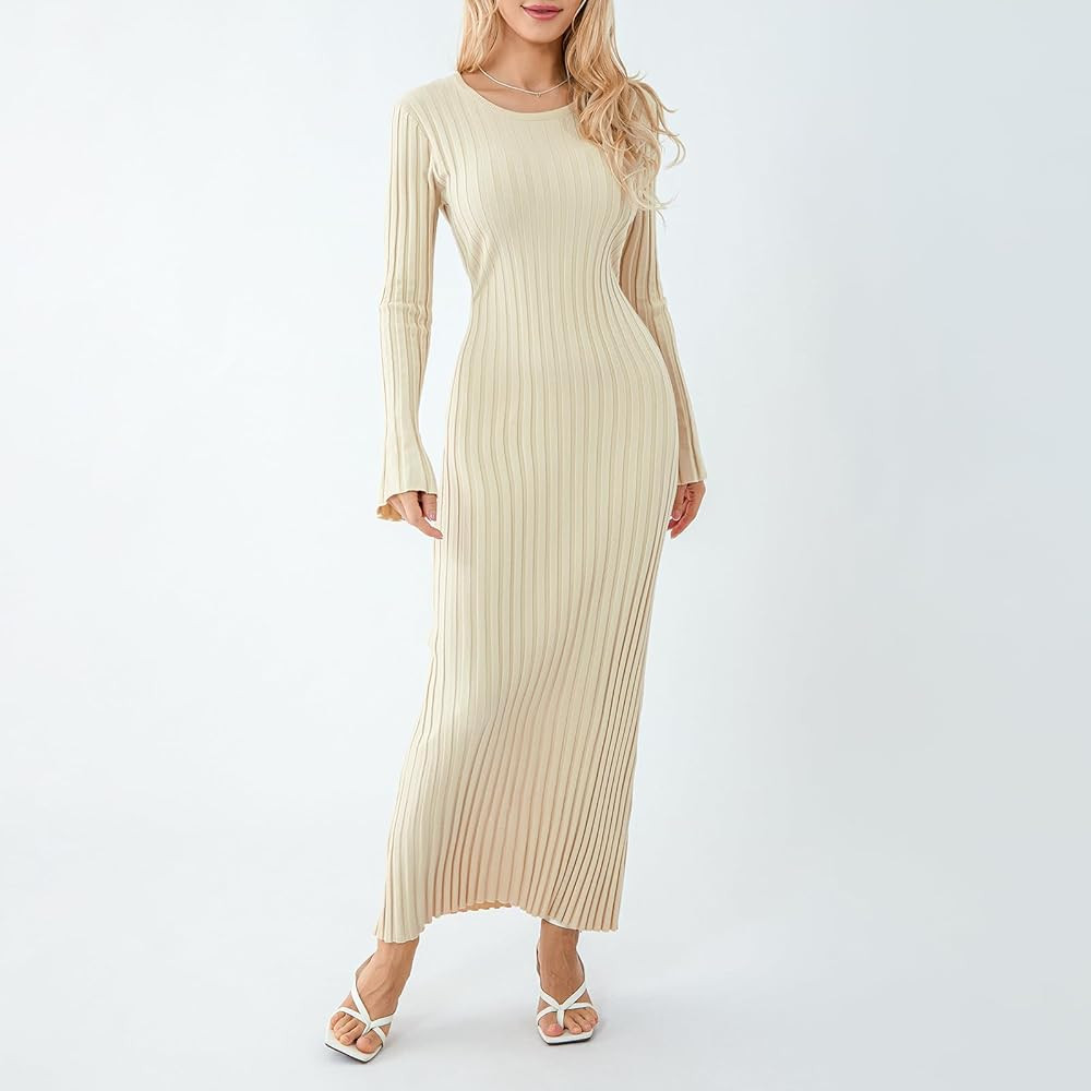 Women Ribbed Knit Long Sleeve Maxi Dress Slim Fit Solid Color Bodycon Pencil Long Dress Casual Fa... | Amazon (US)