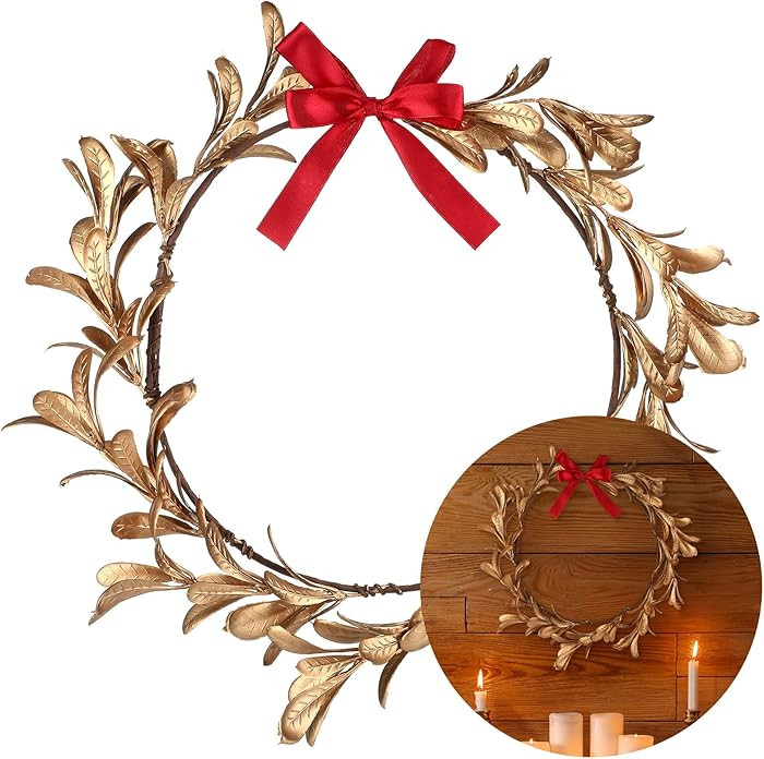 12 Inch Gold Christmas Wreaths with Red Bow for Front Door Plastic Golden Leaves Xmas Artificial ... | Amazon (US)