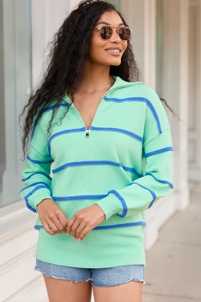 Sunday Stripe Club Green And Blue Quarter Zip | Pink Lily