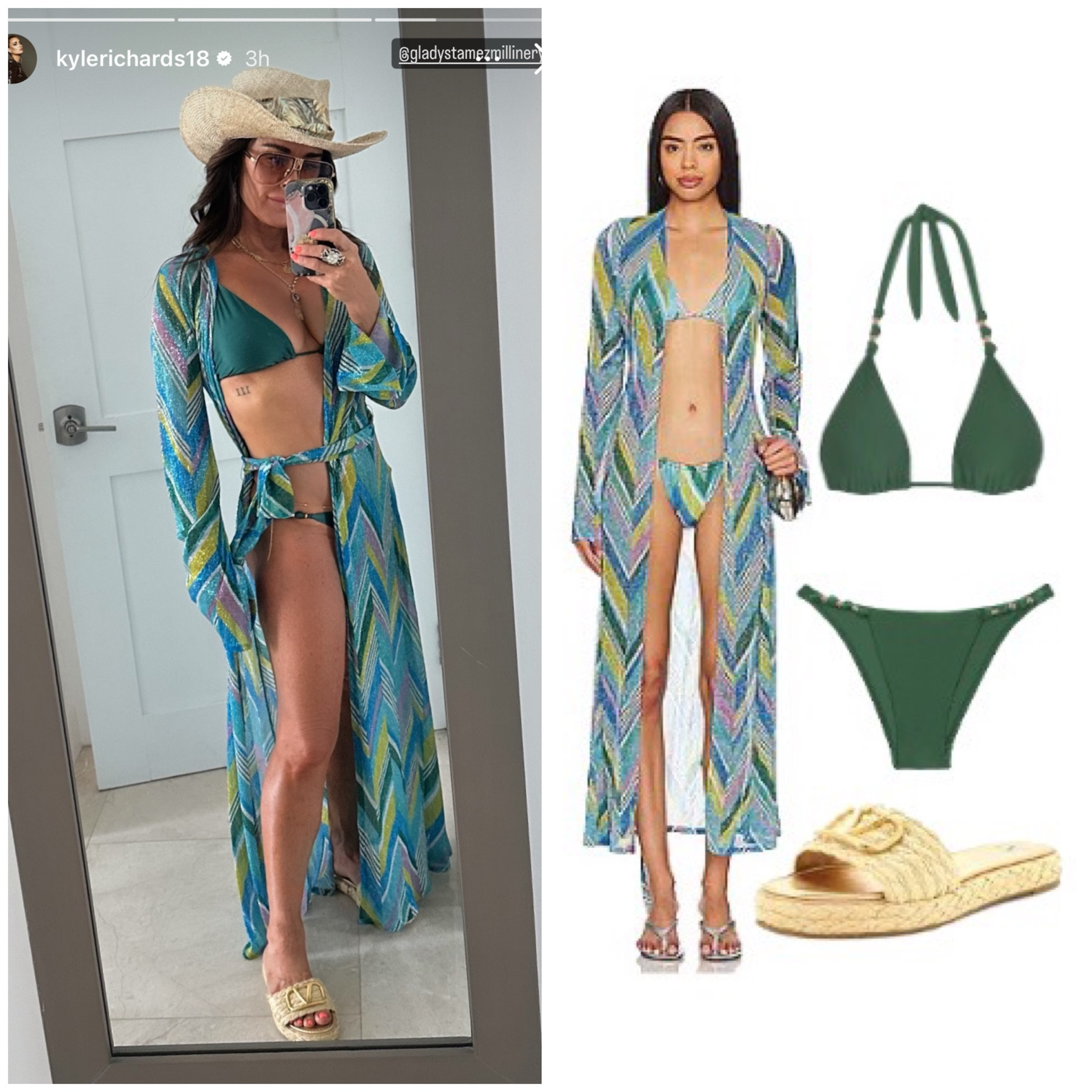 Kyle Richards’ Chevron Cover Up, Green Bikini and Raffia Slides 📸 = @kylerichards18 Hat by Gladys Tamez Millinery