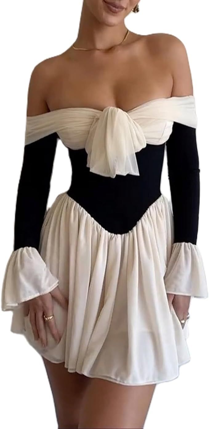 Argeousgor Women Bow Off Shoulder Long Sleeve Short Dress Y2k Strapless Open Back Mini Dress 00s ... | Amazon (US)