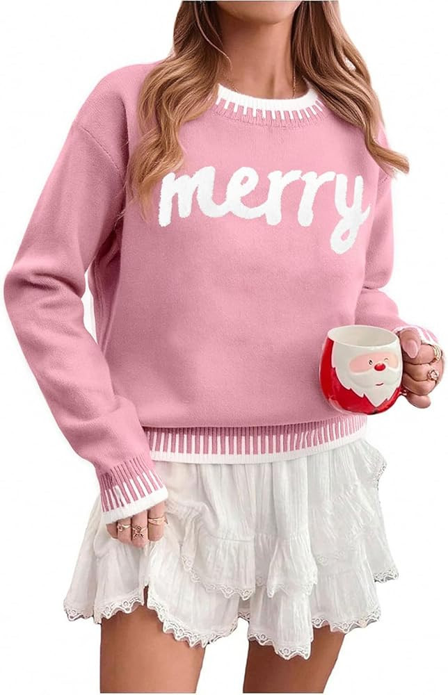 LUKYCILD Christmas Sweaters for Women Merry Sweater Long Sleeve Crewneck Sweaters Rib-Knit Sweats... | Amazon (US)