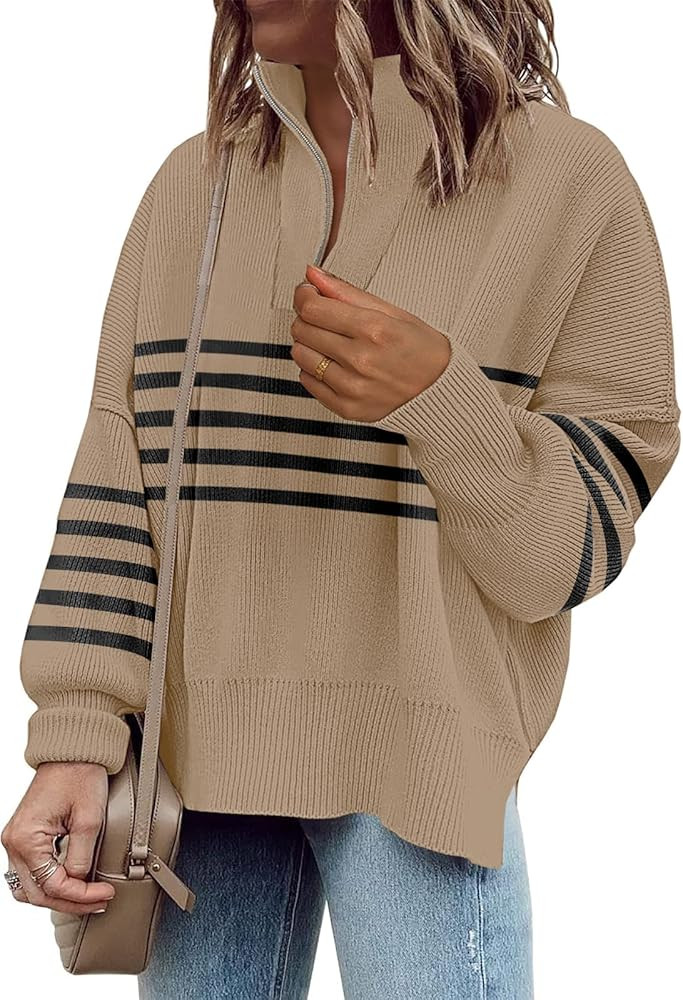 Womens Sweaters Casual Zipper Neck Knit Tops Batwing Sleeve Oversized Sweatshirt Stripes Pullover... | Amazon (US)