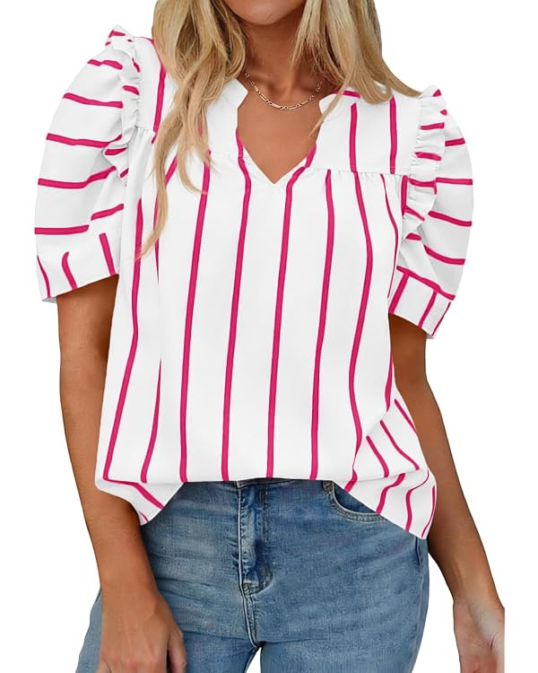 Tankaneo Womens Puff Sleeve Striped Blouses Dressy Casual V Neck Shirts Summer Trendy Loose Fit T... | Amazon (US)