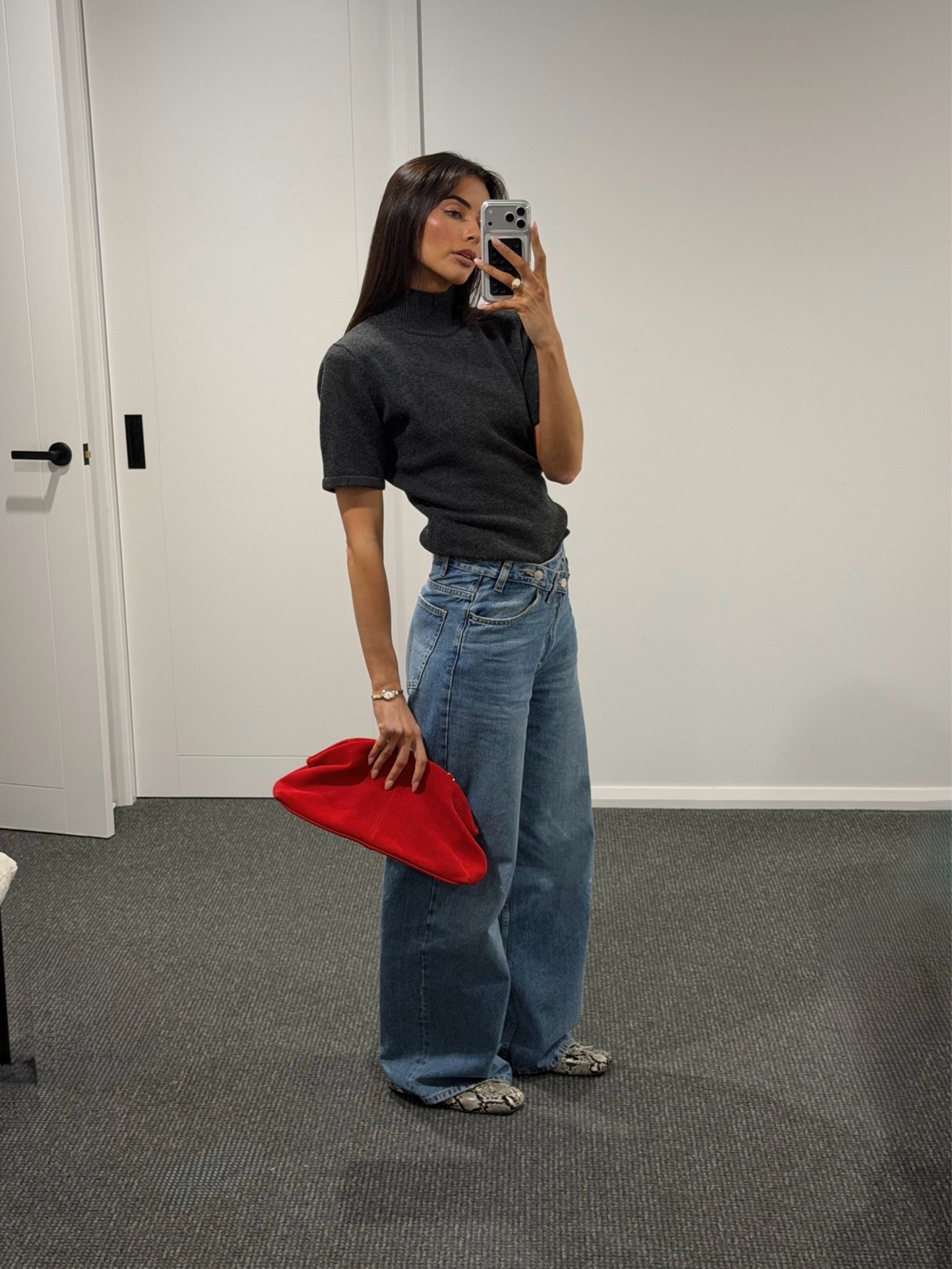Casual work day outfit with a touch of fun!! Red and snake print #casualwinter #jeans #knittop

#LTKaustralia #LTKjeans #LTKwinter