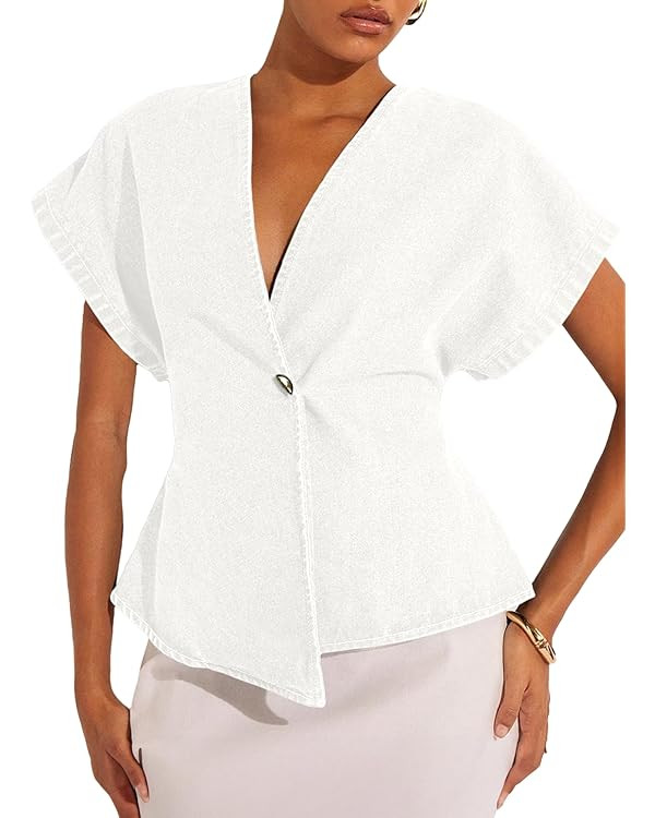 EVALESS Womens Denim Shirts Short Sleeve Button Down Shirts Spring Summer Tops V Neck Work Blouse... | Amazon (US)